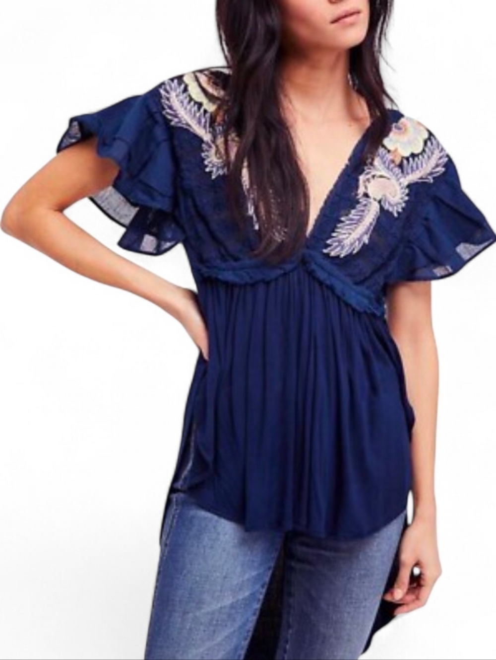 FREE PEOPLE Blue Fiesta Nuevo Embroidered Plunge Neck Tunic Top - XS